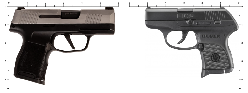 Sig sauer p365 9mm pistol shown beside a ruger lcp .380 pistol shows measurements on the size of both pistols